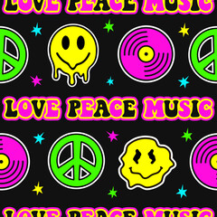Retro design of Peace, Love and Music with peace symbol, vinyl disc and smiling face. Hippie groovy 60s style seamless pattern. Psychedelic music, acid concept. Vector cartoon character illustration