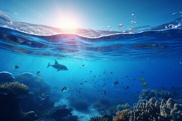 Fototapeta na wymiar 3D illustration of a deep blue underwater world with blue sky and sea background. Generative AI