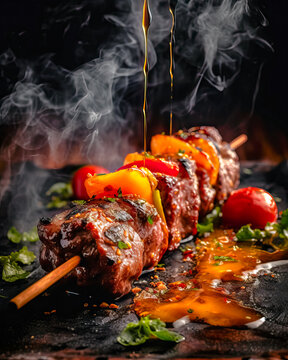 Tasty Grilled meat skewers, shish kebab with vegetables pouring south. Good food. Generative AI