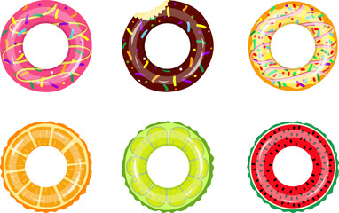Colorful rubber swim rings set for water floating. Swimming circle lifesaver collection for child safe. Rubber rings. Swimming ring rubber toy realistic icons. Isolated on white background. top view. - obrazy, fototapety, plakaty