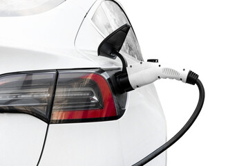 Charging an electric car at a charging station on a white background. Eco transport. Eco-friendly...