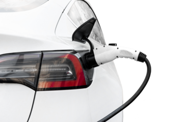 Charging an electric car at a charging station on a white background. Eco transport. Eco-friendly transport. Alternative solar energy