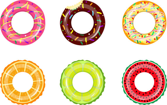 Colorful rubber swim rings set for water floating. Swimming circle lifesaver collection for child safe. Rubber rings. Swimming ring rubber toy realistic icons. Isolated on white background. top view.