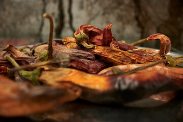 A closeup photo of vibrant red, orange and yellow spicy peppers in selective focus.