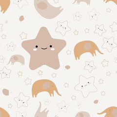 Seamless pattern for a Scandinavian-style nursery with elephants and smiling stars