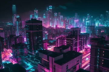 A futuristic city illuminated by purple and cyan neon lights at night, featuring visionary architecture. Generative AI