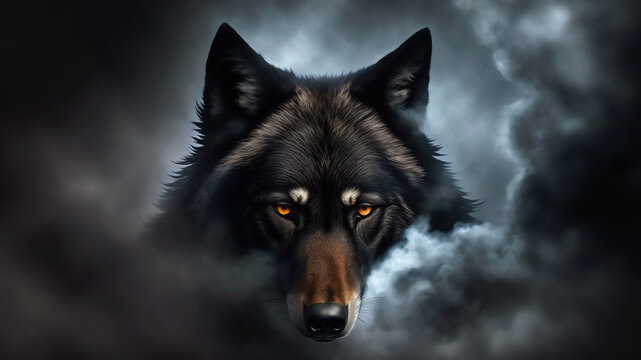 Wolf in a cloud of smoke. Mystical atmosphere, panoramic view