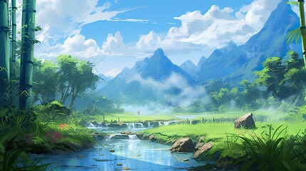 In the summer dense forest, mountains and lakes illustration background