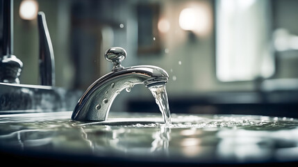 Open faucet wasting water in dry season. Clogged sink spout. Responsible use of water. Generaative ai.