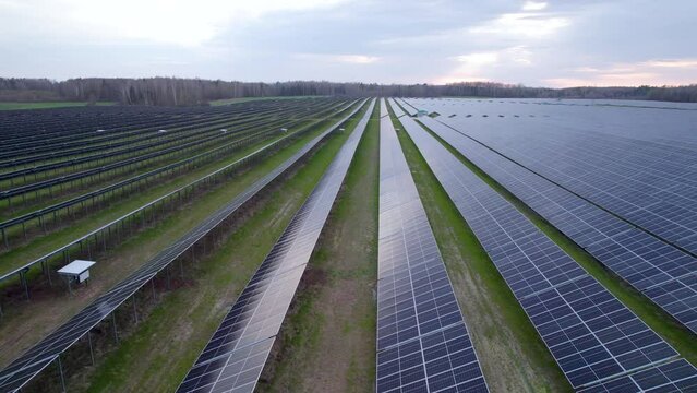 Photovoltaic panels on large solar farm, aerial fly over. Braniewo, Poland