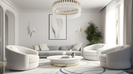 Fototapeta na wymiar Modern interior design of luxury apartment, living room with white sofa, round armchairs. Accent coffee table and chandelier. Home interior with furry rug. 3d rendering