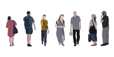 Set of vector drawings of men and women in summer clothes. Flat image of walking people. City infographic