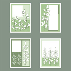 Four cards with green twigs. Hand-drawn vector illustration for wedding, invitation or greeting card. 