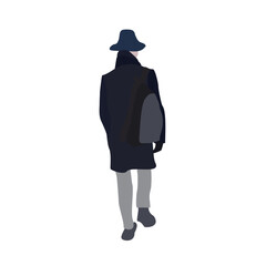 A young guy in a hat walks down the street in winter clothes. 2d image for use as an entourage. Vector flat city infographics.