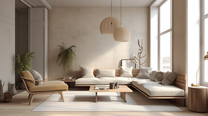 Modern interior japandi style design livingroom. Lighting and sunny scandinavian apartment with plaster and wood. 3d render illustration.