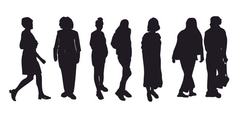 Set of vector drawings of men and women in summer clothes. Flat image of walking people. City infographic