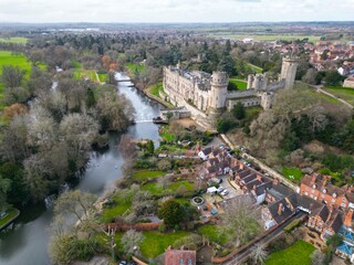 River side gardens Warwick Castle Warwickshire UK Drone, Aerial, .