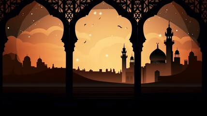 Islamic background with arabic pattern, mosque silhouette against the background of the setting sun. Template for inserting text, design. Generated by AI