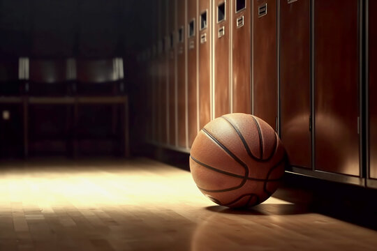 basketball is in the locker room of the gym next to lockers for the athletes. Light illuminates the ball from the left. Symbol of game of basketball, sports equipment, competitions. Generated by AI