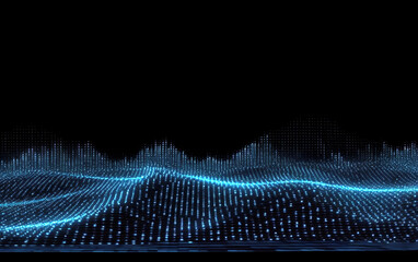 Sea of information over black background, blue dots and symbols abstract background