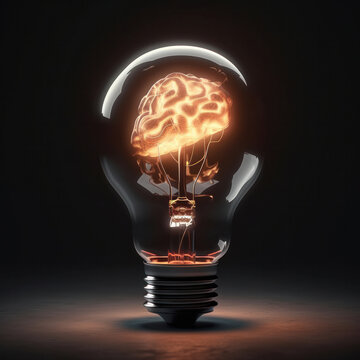 A conceptual light bulb with a luminous brain inside represents the brilliance of cognitive science and neurology is AI Generative.