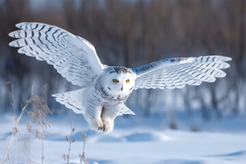 Naklejka premium Snowy owl in flight. Generative AI.