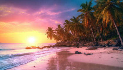 Sunset on the beach with palm trees. Generative AI.