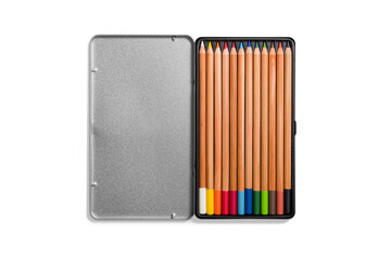 Set of colored pencils for artists in a metal box isolated on a transparent background, PNG. High...