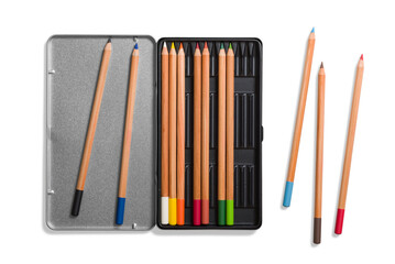 Set of colored pencils for artists in a metal box isolated on a transparent background, PNG. High resolution. - Powered by Adobe
