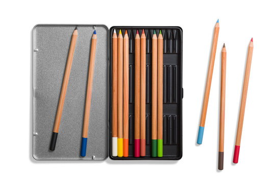 Set of colored pencils for artists in a metal box isolated on a transparent background, PNG. High resolution.