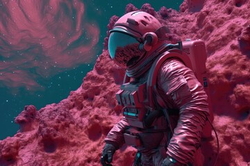 Astronaut stand on the planet with a pink environment. Generative AI.