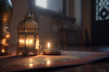 Fototapeta na wymiar An antique Ramadan lantern on a rustic wooden table adds a timeless touch to a dimly lit room, creating a serene and comforting atmosphere for Muslim holidays. AI Generative