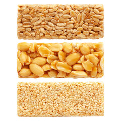 Kozinaki, sunflower seeds, sesame, peanuts, isolated on white background, full depth of field