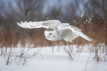 Fototapeta premium Snowy owl in flight. Generative AI.