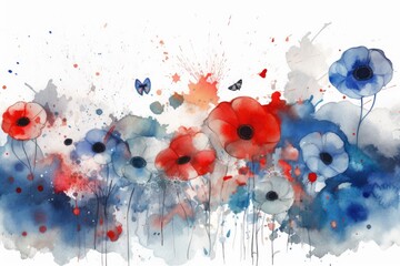 Red and blue watercolor flowers. Generative AI.