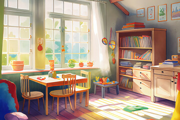 A warm and inviting illustration of a cozy kindergarten, with colorful toys, generative ai