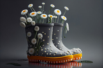 chamomile flowers in rubber boots, beautiful seasonal image with flowers. AI Generated