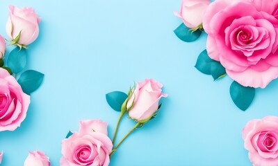 Flowers composition. Rose flowers on blue background. Valentines day, mothers day, womens day concept. Flat lay, top view, copy space (Generative AI)