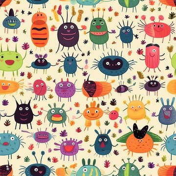 Generative AI Seamless pattern with cute cartoon Bugs Animal animation