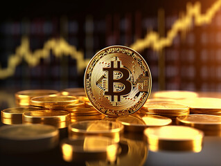 Bitcoin gold coin and defocused chart background. Virtual cryptocurrency concept.