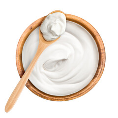 sour cream in wooden bowl and spoon, mayonnaise, yogurt, isolated on white background, full depth...