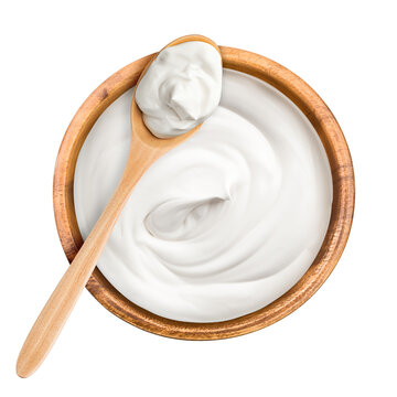 Sour Cream In Wooden Bowl And Spoon, Mayonnaise, Yogurt, Isolated On White Background, Full Depth Of Field