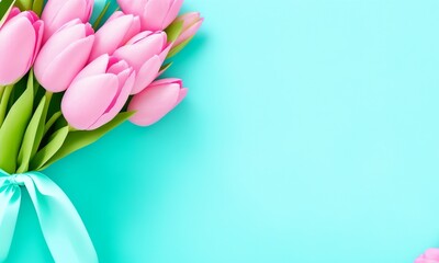 Springtime turquoise paper background with pink tulips and wrapped gifts (Generative AI) - obrazy, fototapety, plakaty