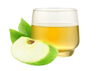 Piece of green apple and glass of juice cut out