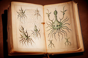 A vintage scientific drawings of aliens in an old book, generative ai