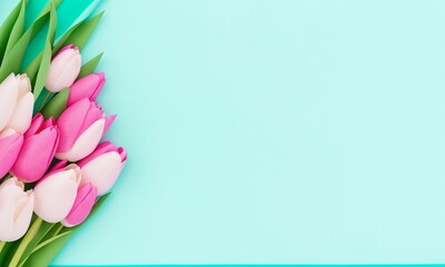 Fototapeta premium Springtime turquoise paper background with pink tulips and wrapped gifts (Generative AI)