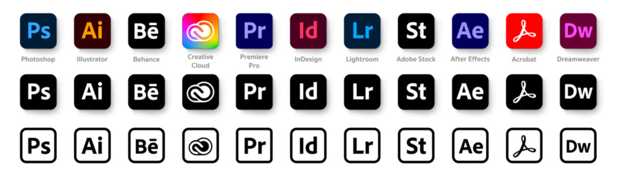 Adobe product logotype set. Collection button: Illustrator, Photoshop, Creative cloud, Adobe Stock, After Effects, Fuse, Premiere Pro, Acrobat DC, InDesign - stock vector editorial.