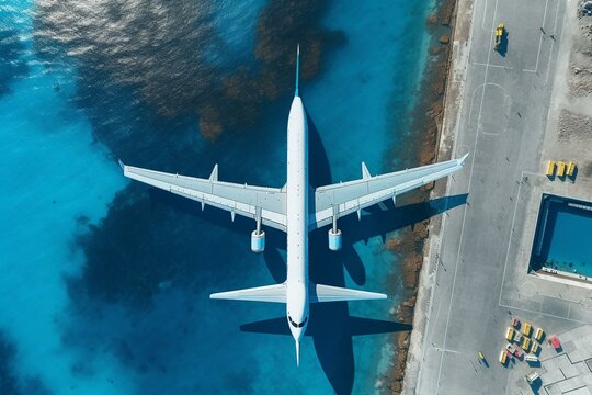 Overhead View Of Travel Theme With Airplane On Blue Runway. Generative AI