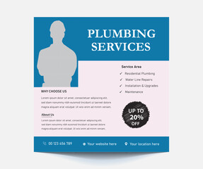 Plumbing service social media post design. Professional plumbing service flyer poster template.