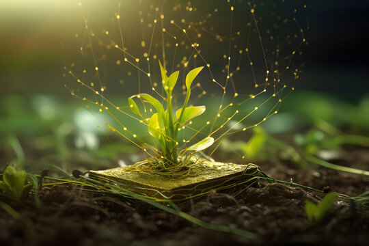 The Digital Green Thumb: Uniting Technology and Plant Life, Cyber plants, future, seedlings, farming, leaves (generated with a help of ai)